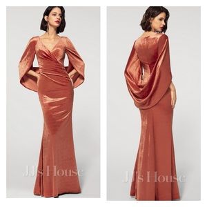 JJs House formal velvet maxi/long gown in salmon with flattering faux wrap